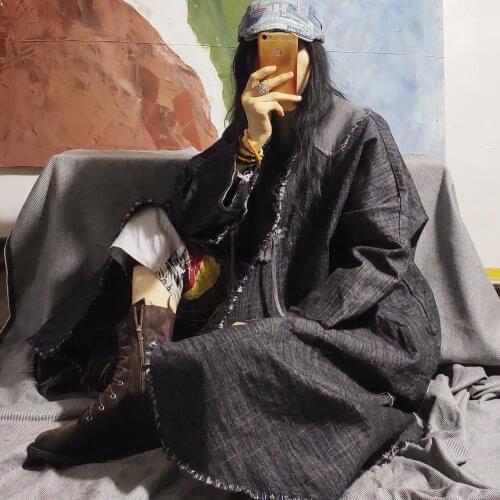 Women Autumn Retro Denim Ripped Patchwork Trench Coat Long Coat Outerwear Ladies Vintage Embroidered Coat Female Topcoat 2020