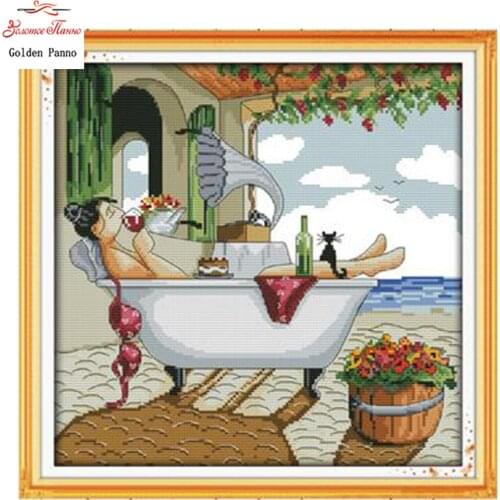 Golden Panno,Enjoy life taste wine decor painting counted print on canvas DMC 11CT 14CT chinese Cross Stitch kits embroidery