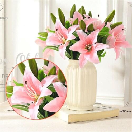 3Heads Artificial Flowers Lily Fake Flowers Bouquet For Wedding Decoration Living Room Home Decor Garden Outdoor Accessories