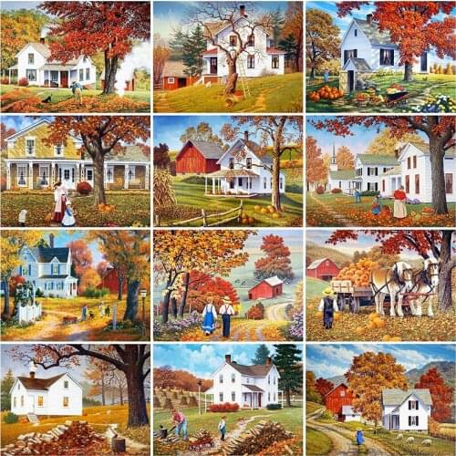 5D DIY Diamond Painting Autumn Landscape Cross Stitch Kit Full Diamond Embroidery Mosaic Art Picture with Rhinestone Decoration