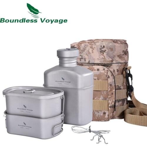 Boundless Voyage Military Canteen Cups Set Camping Titanium Water Bottle Pot Bowl Cooking Mess Kit Lightweight Outdoor Utensil