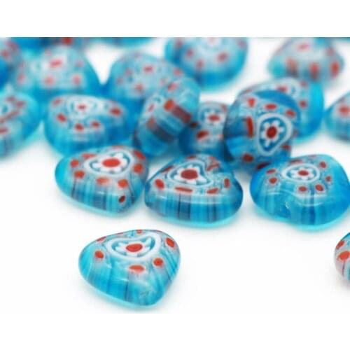 Hot Lake Blue with Colorful Flower Printed Lampwork Beads 9x9mm 39pcs/lot Heart Shape Jewelry Bead for Ornament Bracelet Making