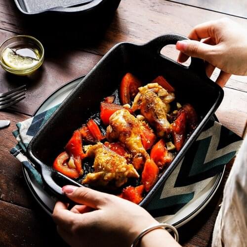 10.6 inch Black Ceramic Dinner Plate Rectangular Frosted Baking Tray Salad Dish Dinnerware with Double Handle