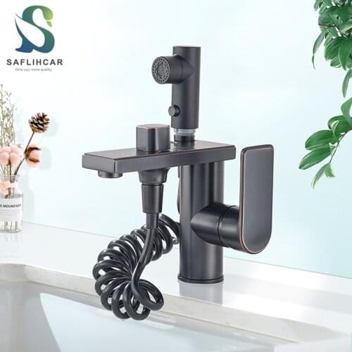 Black Bronze Bathroom Basin Faucet Fashion With 360 Degree Rotating Sprayer Two Outlet Mode Hot and Cold Water Mixer Taps
