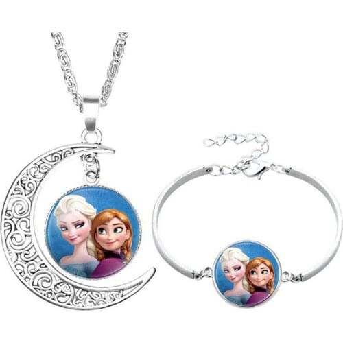 2pcs/lot Disney cartoon Frozen children necklace+Bracelet Elsa bow doll accessories girl birthday gift cosmetic sweater jewelry