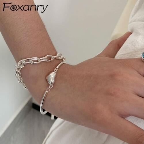 FOXANRY 925 Sterling Silver Couples Bracelet New Trendy Elegant Vintage Simple Hip Hop Smooth LOVE Heart Party Jewelry for Women