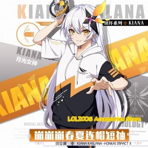 Honkai Impact 3 Kiana Kaslana Cosplay Men Women Hooded Short Sleeve T-shirt AnimeFashion Casual Summer Cotton Tee Tops