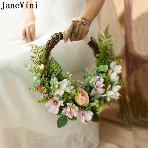 JaneVini Artificial Spring Wedding Bouquets Fleur White Pink Flowers Bride Bridesmaid Photography Wreath Hand Holding Garland