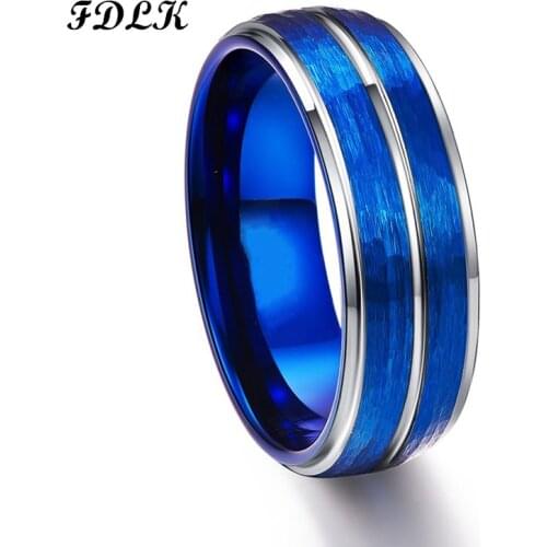 FDLK Mens 8mm Blue Stainless Steel Ring Grooved Brushed Hammered Wedding Bands for Mens Jewelry SIze 6-13
