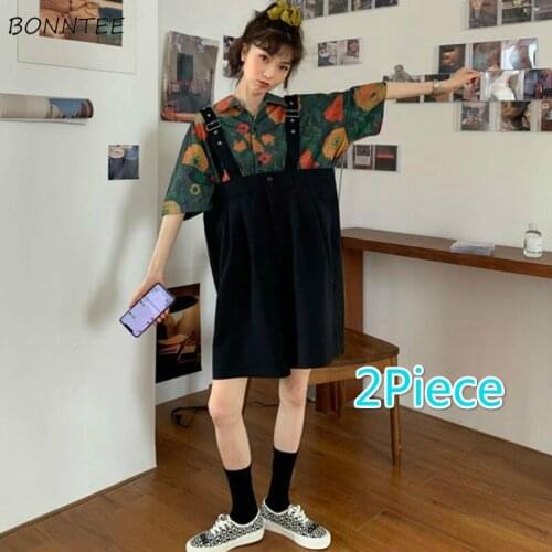 Women Sets Short Sleeve Shirts Harajuku Printed Knee-length Wide Leg Rompers Vintage Oversize Cute Girl Fashion Summer Holiday