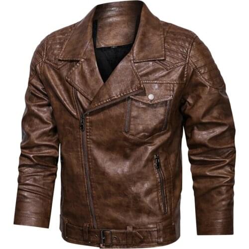 Leather jacket mens winter warm leisure motorcycle jacket fleece zipper leather jacket solid color