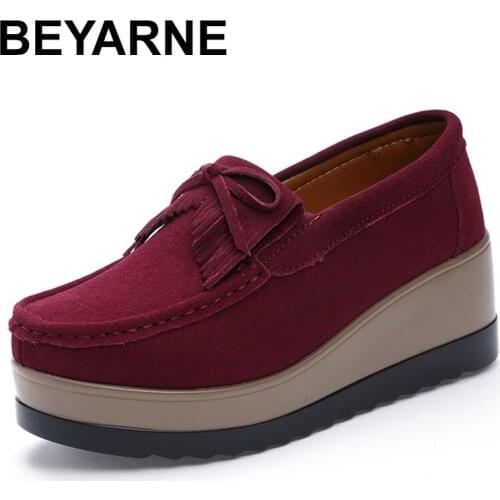 BEYARNE2019 Suede Leather Winter Woman Platform Shoes Slip On Sneakers Tassel Shoes Fringed Loafers Women ShoesE029