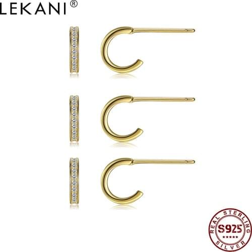 LEKANI 925 Sterling Silver Letter C Shape Tiny Stud Earrings For Women Full Cubic Zirconia Gold Color Earring Silver Jewelry