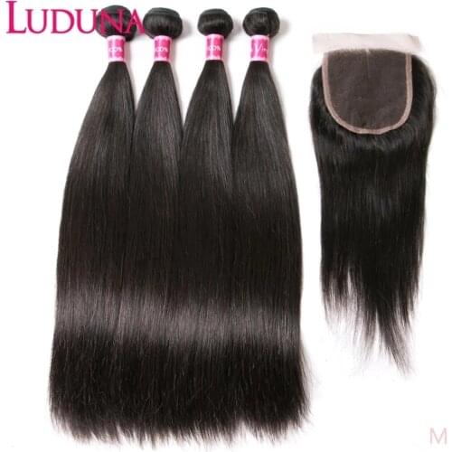 Luda Straight Hair Bundles With Closure Brazilian Human Hair 4 Bundles With Frontal Closure Remy Hair Extension Lace Closure 4*4