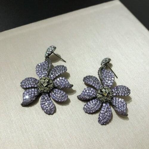 Fashion cz luxury big purple flower drop earrings wedding party earrings