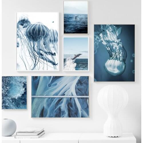 Seascape wall decoration diving poster dolphin blue whale tail wall art canvas Nordic poster and print room home decoration