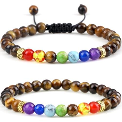 New Arrival 6MM 7 Chakra Bracelet Couple Natural Round Lava Tiger Eye Stone Beads Bracelets Women Healing Bangles Jewelry Gift