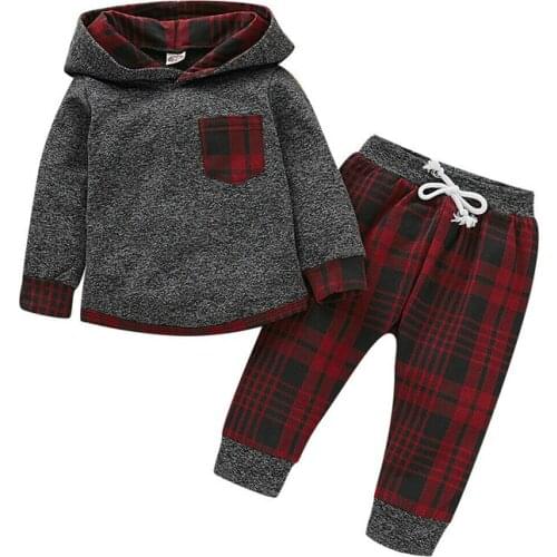 Toddler Infant Baby Boys Casual Clothes For Kids Long Sleeve Plaid Pocket Hoodie Tops Sweatshirt Plaid Pants Set Outfits
