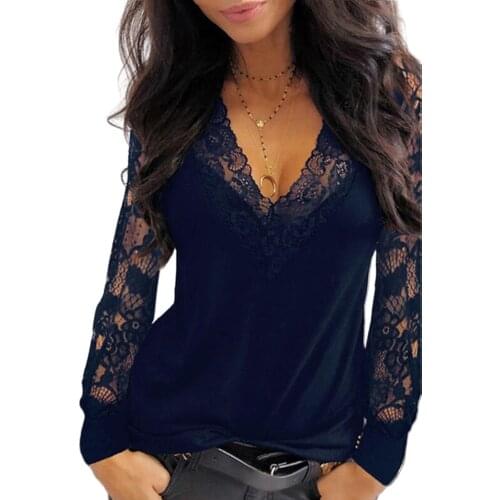 Plus Size Sexy Blouse Women Deep V Neck Lace Trim See Through Long Sleeve Blouse Top Shirts