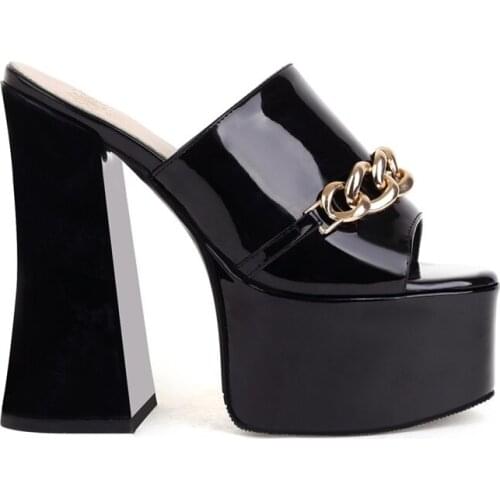 Brand women pumps summer fashion patent leather sandals platform slippers woman peep toe thick high heels female designer slides