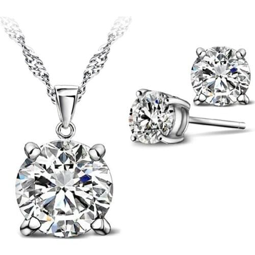 Sparkling CZ Crystal Earrings Necklace Jewelry Sets Wedding Dress 925 Sterling Silver Stud Earring Pendant Necklace