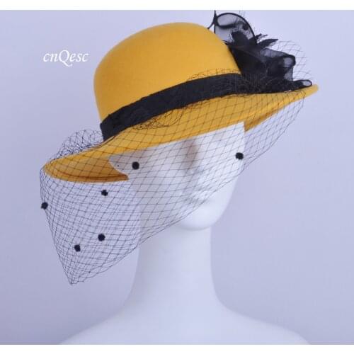 Yellow Wool felt hat Winter hat formal hat with flower and feathers for Wedding Church Derby