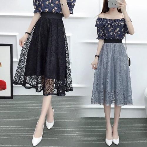 New Arrival 2018 Spring Summer Women Skirt Korean Elastic High Waist Midi Skirt Fashion Hollow Out Lace Skirt
