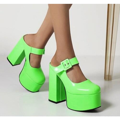 Womens Patent Leather Platform Super High 14CM Heel Sandals Slippers Slingbacks Gothic Punk Belt Buckles Shoes Candy Colors