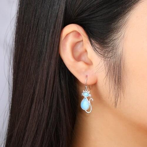 Latest Gift 925 Sterling Silver Animal Earrings Cat Natural Precious Larimar Top Quality Fine Jewelry Women Kitty Style Eardrop