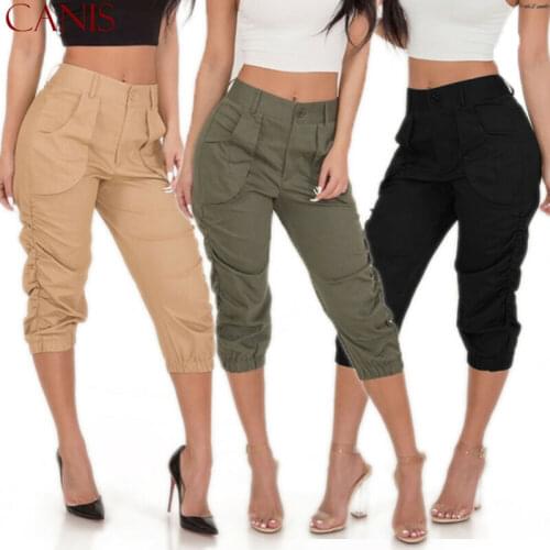 Vintage Women Pants & Capris New Ladies High Waist Cargo Elastic 3/4 Long Pants Harem Trousers Three Quarter Elastic Waist Pants