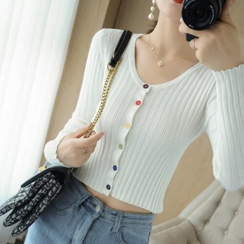 Womens cardigan street hot selling casual short knit sweater womens clothes cotton long-sleeved inde crop top solid Tees