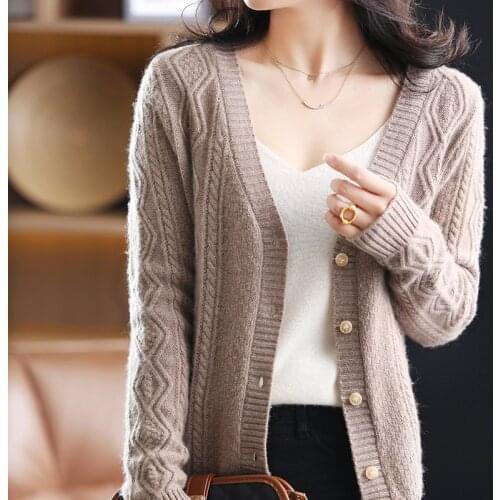 2021 Autumn Winter New Cashmere Cardigan Loose Fashion Knit Large Size Jacket Womens V-Neck Pure Wool Wild Thick Base Shirt Top
