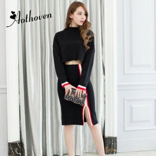 2 Piece Set Winter Women Suit Black Knitted Full Sleeve O Neck Shirt Top and Split Pencil Skirt Sweater Two Piece Set Vestidos