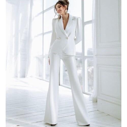 Pure White Slim Womens Trouser Suit Two Pieces Prom Dress Party Wear Custom Made Lady Cocktail Gowns
