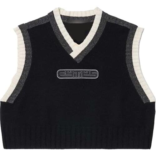 Women Retro Knitted Sleeveless Vest V-Neck Letters Print Loose Sweater Crop Top