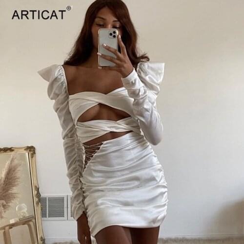 Articat Vintage Sexy Crystal Skinny Dress Women Long Sleeve Hollow Out White Party Dresses Ladies Lace-up Ruched Mini Vestidos