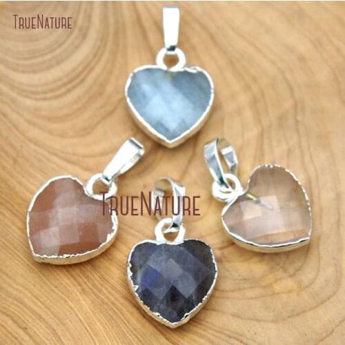 10Pcs Sliver Faceted Heart Shaped Pendant Clear Crystal, Labradorite, Aquamarines, Sunstone Pendant Clearance 14x11mm PM15639
