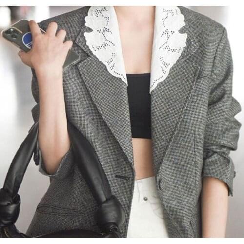 Blazers women autumn Plaid winter za 2021 fashion high quality design brand vintage Lace Spliced Grey Lady Suit coat femme veste