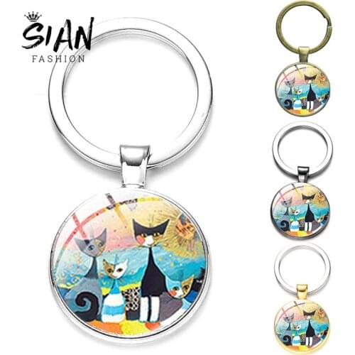 SIAN Fashion Black and White Two Cat Keychain Icons Cosplay Art Picture Glass Cabochon Key Chain Ring For Women Jewelry Gift