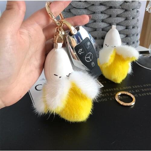 Friut Keyrings Real Mink Fur Banana With Leather For Car Key Ornaments Women Charm Bag Holder Pendant Fluffy Accessories Chains