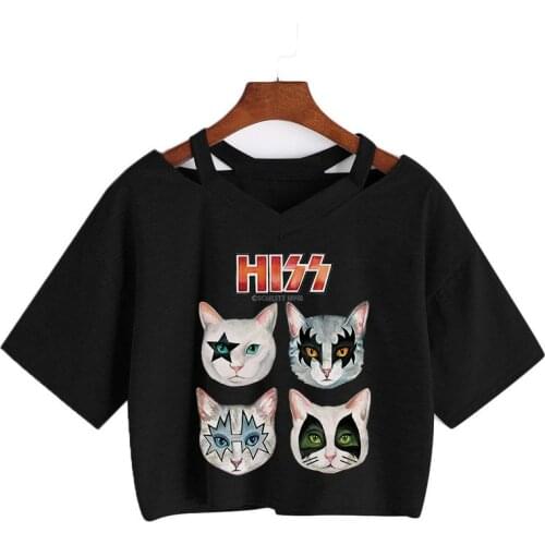 Harajuku Loose Women Short Sleeve T-shirt Punk Korean V-neck Sexy Crop Tops Vintage Kawaii Cat Graphic Tee Hip pop Gothic Top