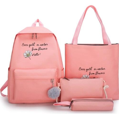 Canvas Schoolbags For Teenage Girls Shoulder Bags 4 Pcs Set Fashion Women Backpack College Handbags Kids Kawaii Backpack