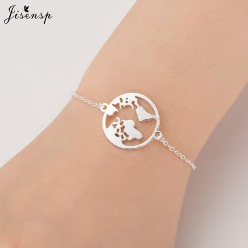 Jisensp Chain Link World Map Bracelets & Bangles Stainless Steel Jewelry Globe Bracelet Charm Travel Jewellery Christmas Gifts