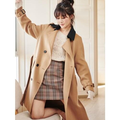 New Contrast Lapel Double Row Buckle Lace Up Wool Overcoat in Winter 2021