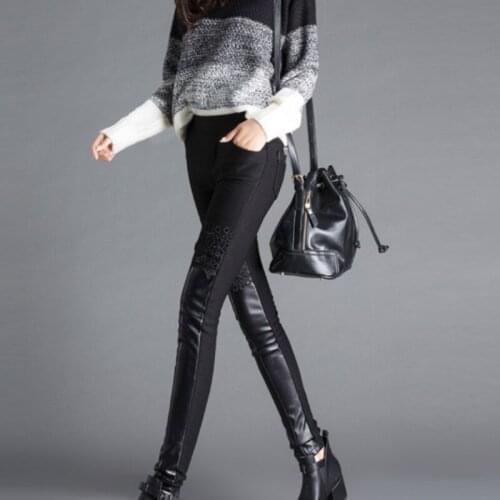 Winter New Lace Black Fleece Lining Womens Pu Pants Slim Fit Female Trousers Sexy Calca De Couro Feminina Plus Size Pantalon