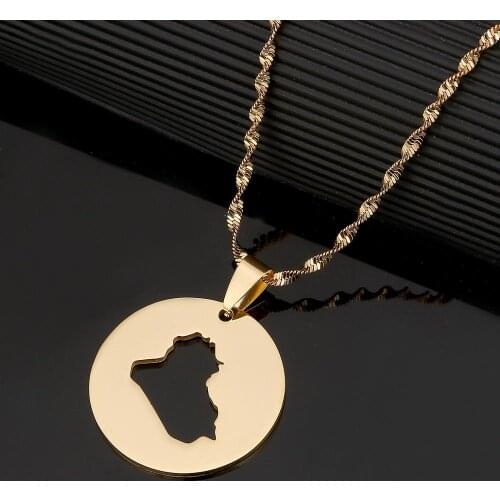 Stainless Steel Republic Of Iraq Map Pendant Necklace Gold Color Iraq Round Chain Jewelry