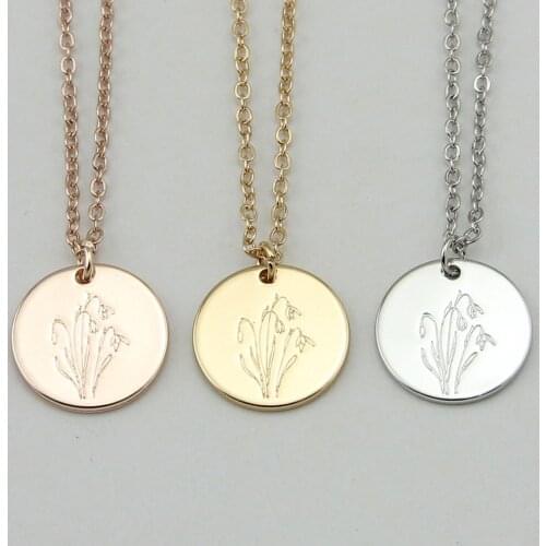 New Arrival Customized Disc Engraved Flower Necklace Snowdrop Birth Flower Pendant Necklace For Women Gift