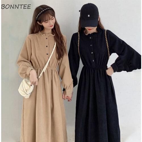 Dresses Women Retro Simple Solid Turtleneck Puff Sleeve College Cute Temperament Female Vestidos Autumn Fashion BF Style Leisure