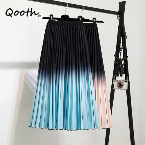 Qooth Stretch Printed Color Match Pleated Skirt Mid-Length High Flexible Waist Skirt New All-Match Causal A-Line Skirt QT580