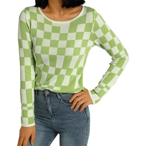 Plaid Long-sleeved Shirt 2021 Autumn Winter Womens Crew Neck Tops Casual Long Sleeve Checkerboard Print Loose Fit Knit Blouse